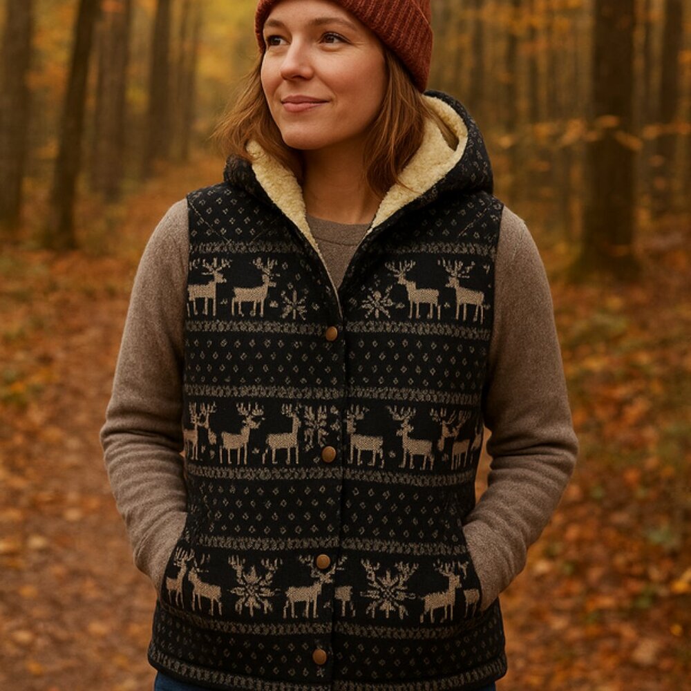 Free People Quilted Vest Fleece Lined Hood Deer Pattern Size Extra Small